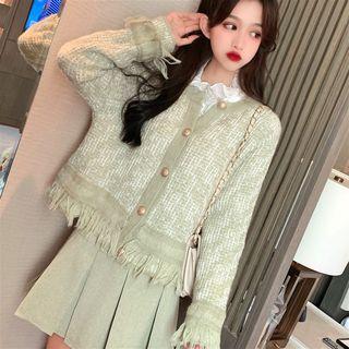 Frilled Long-sleeve Blouse / Fringed Cardigan / Pleated Skirt