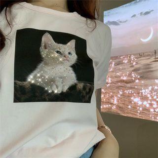 Short-sleeve Rhinestone Cat Printed T-shirt Pink - One Size