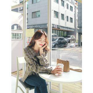Tie-neck Frilled Sailor-collar Plaid Blouse