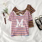 Lettering Striped Short-sleeve Cropped Top