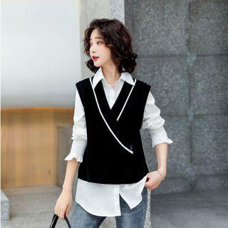 Set: Long-sleeve Plain Shirt + Sweater Vest