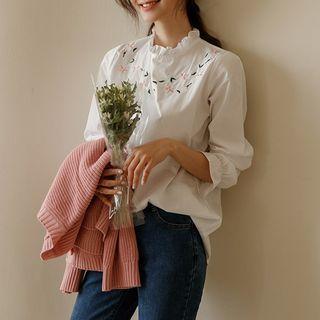 Frilled Flower-embroidered Blouse