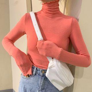 Long-sleeve High-neck Plain Ruffled-trim  T-shirt