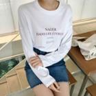 Round-neck Long-sleeve Letter Print T-shirt Ivory - One Size