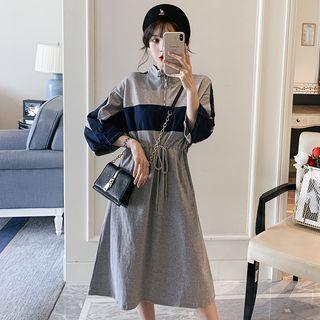 Two Tone Half-zip Drawstring Waist A-line Dress