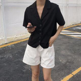 Plain V-neck Short-sleeve Shirt Black - One Size