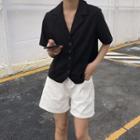Plain V-neck Short-sleeve Shirt Black - One Size