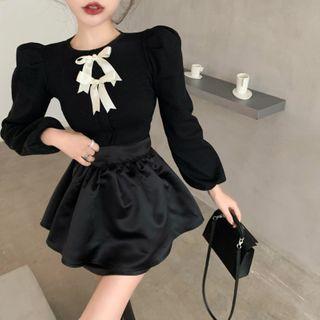 Ribbon Puff-sleeve Top / A-line Skirt