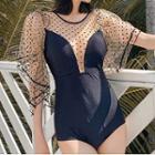 Elbow-sleeve Dotted Mesh Panel Swimsuit