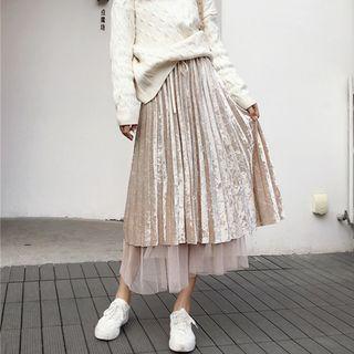 Pleated Velour Midi Skirt