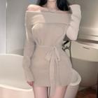 Off-shoulder Tie-waist Mini Bodycon Sweater Dress Light Coffee - One Size