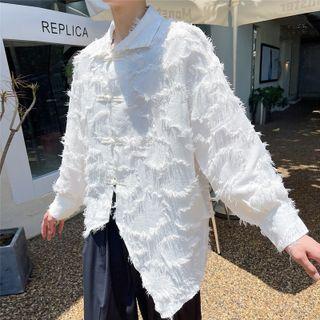 Long-sleeve Frog-button Asymmetrical Fringed Shirt
