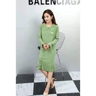 Drawstring Long-sleeve Knit Collared Dress