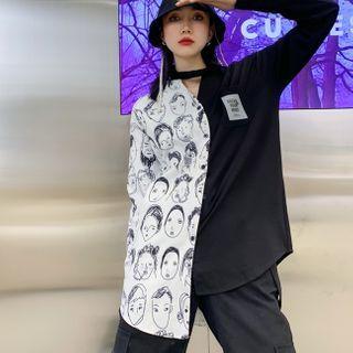 Two-tone Face Print Panel Blouse Black & White - One Size