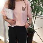 Cat Embroidered Elbow Sleeve T-shirt