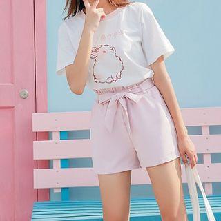 Short-sleeve Rabbit Print T-shirt / Tie-waist Shorts / Set