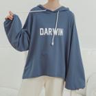 Puff-sleeve Lettering Hoodie Blue - One Size