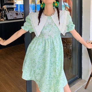 Short-sleeve Wide Collar Floral Mini Smock Dress