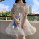 Cold-shoulder Mesh Mini A-line Dress White - One Size