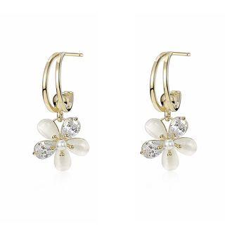 Flower Faux Cat Eye Stone Rhinestone Alloy Dangle Earring 1 Pair - Gold & White - One Size