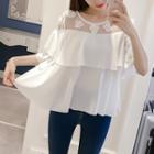 Flower Embroidered Mesh Panel Elbow Sleeve Chiffon Top