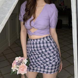 Puff-sleeve V-neck Cutout-waist Cropped Top / Ruched Plaid Mini Skirt