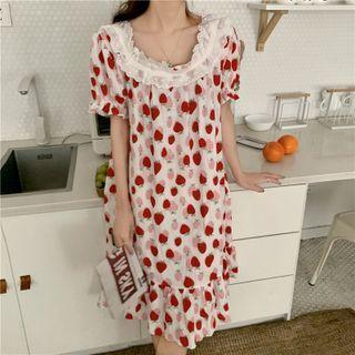Puff-sleeve Strawberry Print Ruffle Hem Sleep Dress Red & White - One Size