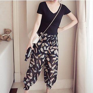 Set: Plain Short Sleeve T-shirt + Floral Print Chiffon Harem Pants