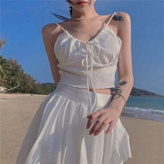 Plain Drawstring Camisole / High-waist Plain Pleated Skirt