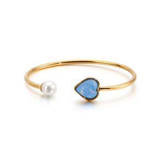Fashion And Simple Plated Gold Heart-shaped Blue Cubic Zirconia Imitation Pearl 316l Stainless Steel Bangle Golden - One Size