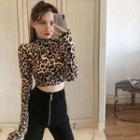 Long-sleeve Mock-neck Animal Print Crop Top