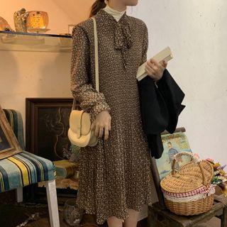 Floral Print Tie-neck Long-sleeve Midi A-line Dress
