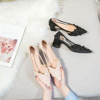 Fringed Accent Clear Panel Chunky Heel Pumps