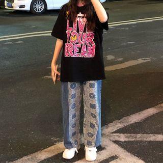 High-waist Washed Printed Straight Leg Jeans