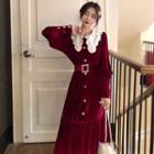 Lace Collar Balloon-sleeve Velvet Midi A-line Dress