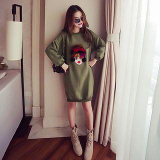 Furry Trim Cartoon Applique Pullover Dress