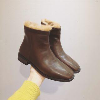 Square-toe Block Heel Furry-trim Ankle Boots