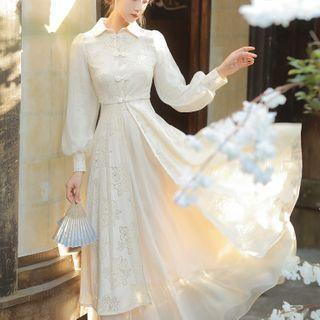 Set: Lace Frog-button Coat + Midi A-line Skirt