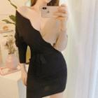 Long-sleeve Two-tone Knit Mini Bodycon Dress Black & Almond - One Size