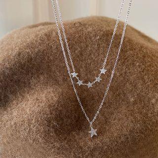Star Rhinestone Pendant Layered Alloy Necklace 1 Pc - Silver - One Size