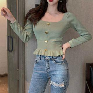 Plain Square-neck Button Knit Top