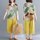 Set: Printed Short-sleeve Blouse + Plain Wide-leg Pants