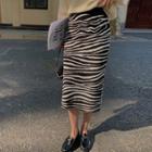 Zebra Print Midi Fitted Knit Skirt Black - One Size