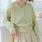 V-neck Tie-waist Blouse Green - One Size