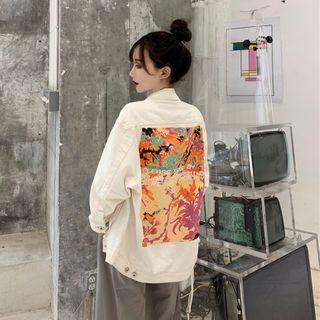 Printed Button Denim Jacket White - One Size