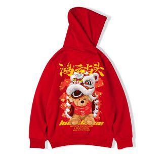Long-sleeve Lettering Bear Print Hoodie