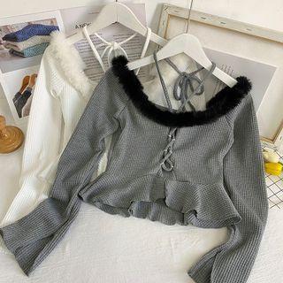 Details Off-shoulder Furry-trim Cropped Halter Top