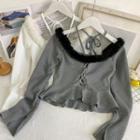 Details Off-shoulder Furry-trim Cropped Halter Top