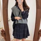 Crop Knit Vest / Plaid Notch-lapel Mini Shirt Dress