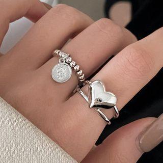 Set: Coin Pendant Ring + Heart Layered Open Ring Silver - One Size